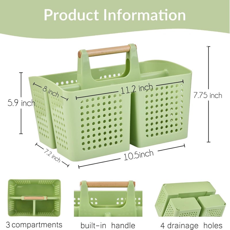 PAKCHOICE Portable Shower Caddy Basket with Compartments, Plastic Divided Cleaning Caddy Organizer Storage Tote with Handle for Bathroom, College, Dorm Room Essentials, Grass Green - Image 2